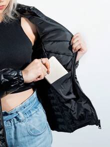 CHAMARRA CAPITANODA PARA DAMA, CHAMARRA MANGA LARGA CON CREMALLERA, CHAMARRA CON BOLSILLOS LATERALES CHAMARRA CON CAPUCHA REMOVIBLE Y AJUSTABLE, CHAMARRA CON BOLSILLO OCULTO, CHAMARRA EFECTO SATINADO - Negro - Ver 5