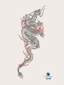 1 Pieza Tatuaje Temporal Para El Cuerpo Con Patrón De Dragón Y Flores Y Contorno Negro Y Rojo Para Brazo, Pecho, Abdomen Y Espalda - Multicolor - Ver 2