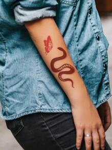 1 Calcomanía Temporal De Tatuaje Con Mariposa Roja, Serpiente Pequeña Y Patrón De Flores Para Brazo, Muñeca, Pecho, Abdomen, Espalda Y Cuerpo - Rojo - Ver 3
