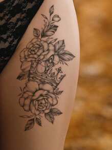 1pc Black Flower & Crown Pattern Temporary Tattoo Sticker For Arm, Chest, Abdomen, Back, Etc. - Black - View 4