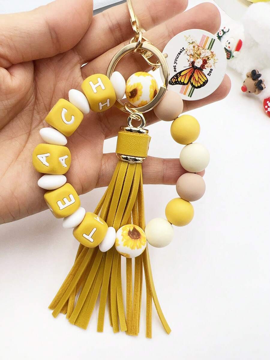 1入組教師節教學主題矽膠方塊手鍊,馬蹄蕨木質吊飾鑰匙扣 - 黃色 - 查看 1