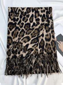 FADZOYLE 1 件卡其色女士冬季长款豹纹围巾温暖柔软毛毯围巾适合晚礼服派对旅行办公室秋季婚礼和礼物羊绒手感大号超大号彩色图案流苏披肩和围巾优雅 - 卡其色 - 查看 4
