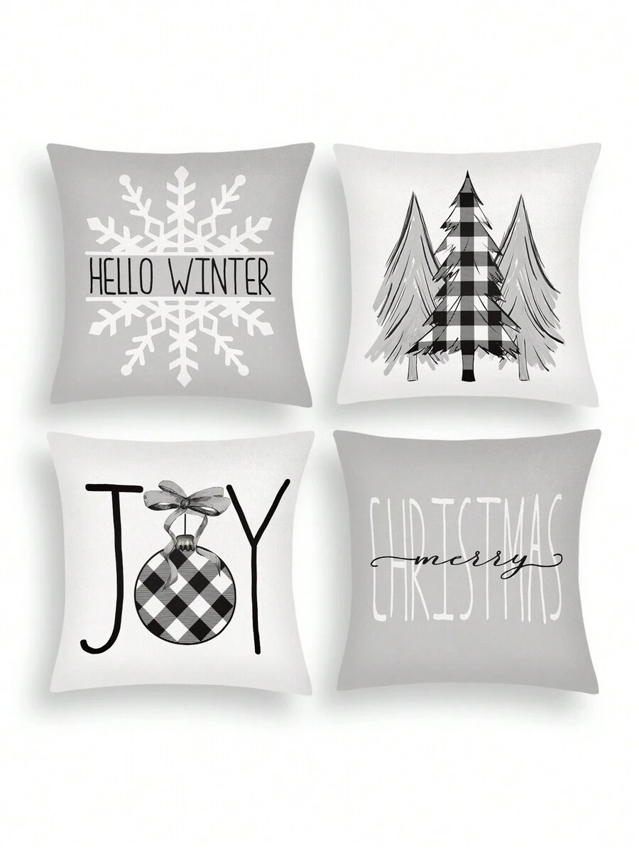 4入組雪花格紋聖誕樹字母灰色印花枕套,適用於聖誕節家居裝飾 - 雪花灰套裝-4pcs - 查看 1
