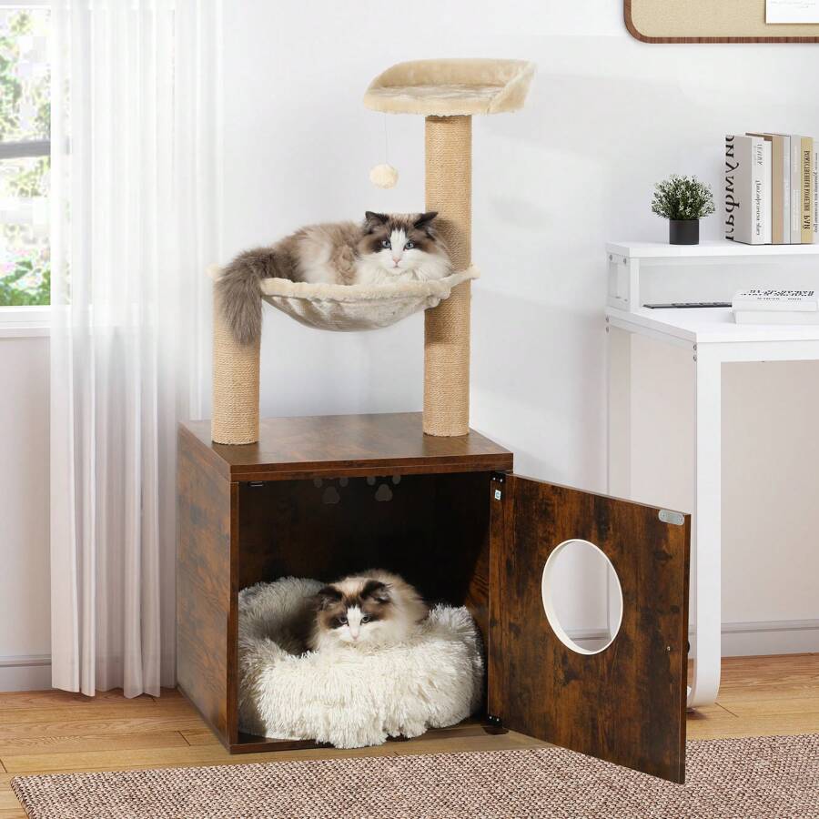 Easycom Cat Litter Box Enclosure Furniture With Shelves, Indoor Lit