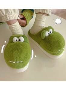 女士可爱绿色鳄鱼形毛绒拖鞋，保暖厚底防滑室内家居拖鞋，冬季适用 - 綠色 - 查看 4