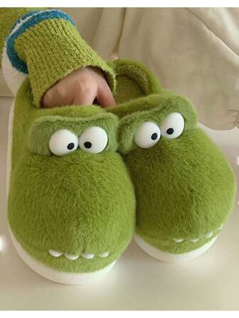 Women's Cute Green Crocodile Shaped Plush Slippers, Warm Thick Sole Non-Slip Indoor House Slippers For Winter