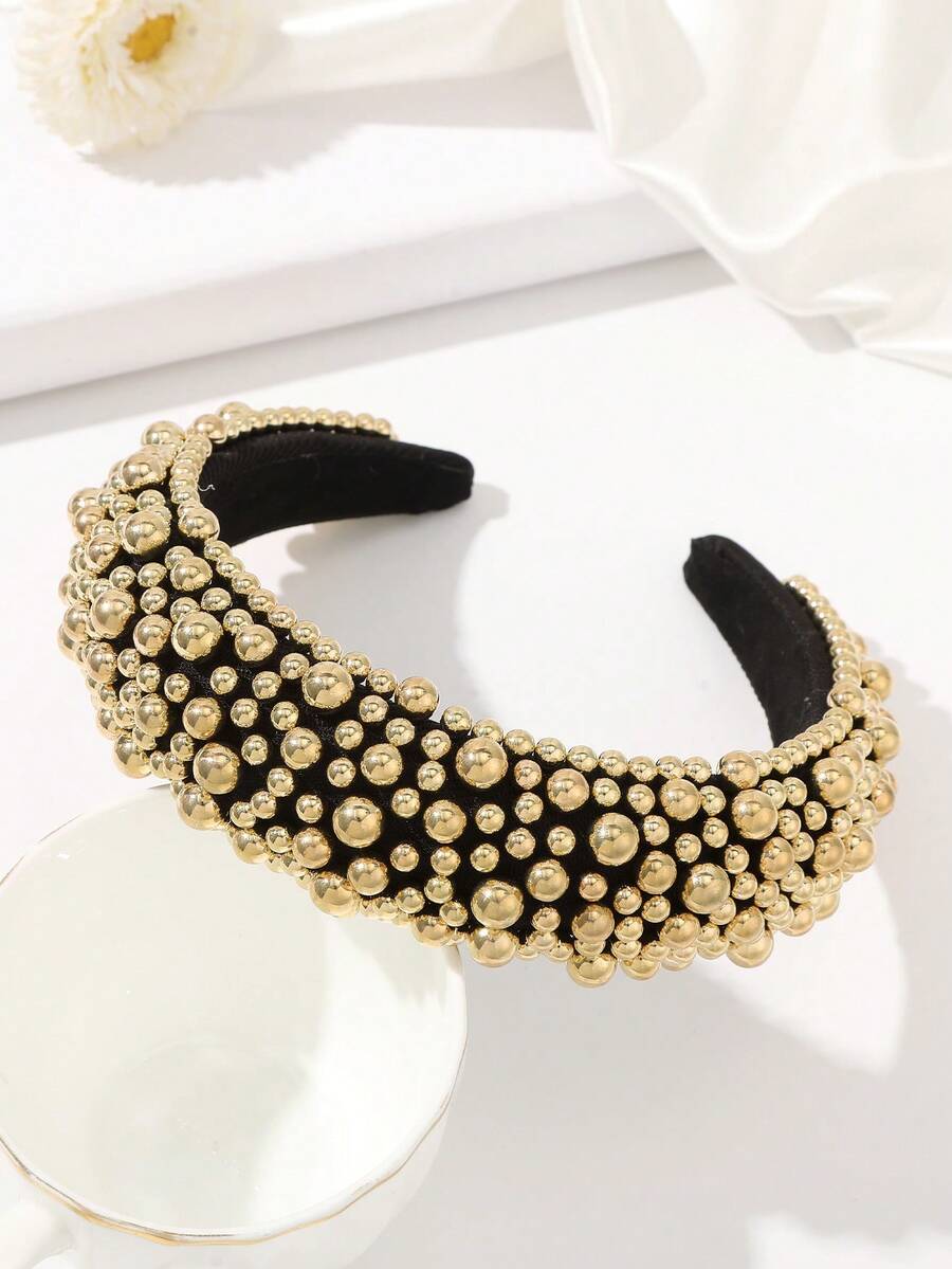 1pc Sponge Pearl Wide Headband - Gold - View 1