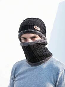 Men's Black Knit Hat & Scarf Set For Outdoor Cold Weather With Ear & Neck Protection, Thermal Lined Beanie Suitable For Winter Warmth - Black - View 2