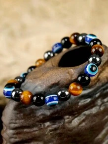 1條天然虎眼石&赤鐵礦&水晶治療彈性手鐲,帶有邪惡眼珠,帶來好運、快樂和保護 - 彩色 - 查看 1