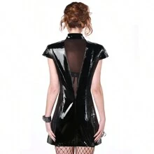 Pvc Short Sleeve Shaping Dress - Black - View 2