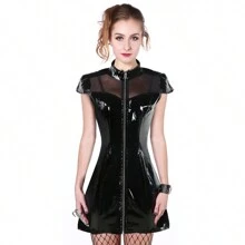 Pvc Short Sleeve Shaping Dress - Black - View 1