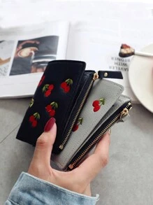 女士樱花刺绣竖扣短款钱包，小巧，时尚百搭，风格简约，采用防水 PU 制成，重量轻，是送给女性的绝佳礼物，非常适合送给女朋友的情人节礼物 - 黑色 - 查看 4
