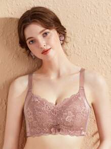 Women's Lace Bra With Bowknot & Floral Edge Design In Coral Red - Coral Pink - View 1