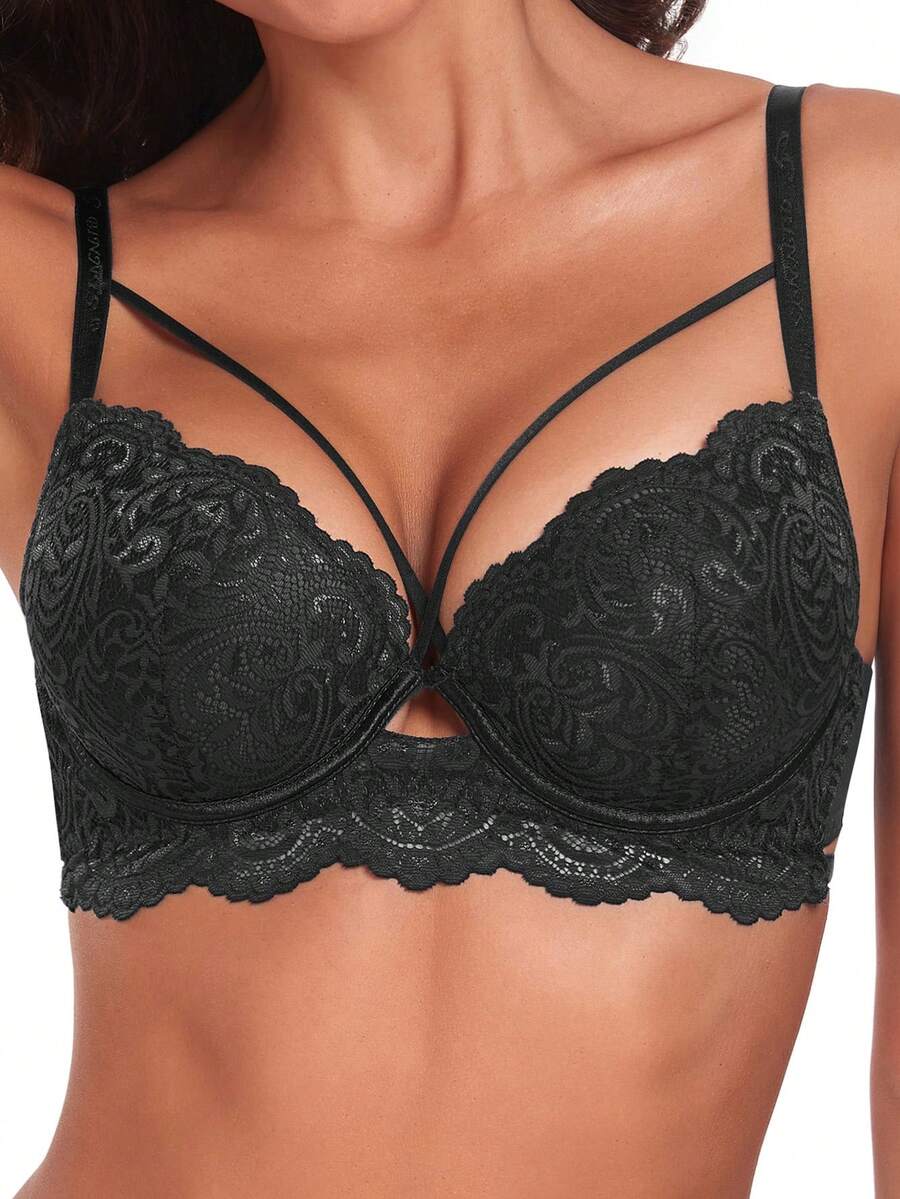 Sujetador De Tirantes Cruzados Con Relleno De Encaje Y Aros Para Efecto Push Up - Negro - Ver 1