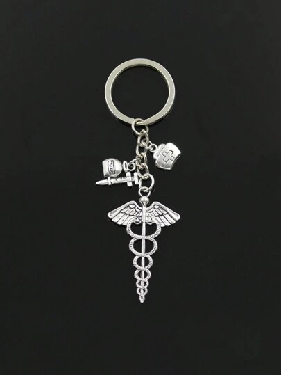 Street Fashion 30mm Key Chain Keychain Jewelry Silver Color Caduceus Medicine Symbol Nurse Cap Cross Injector Medicine Doctor Pendants For Gift Craft Car Accessories Bag Charm School Cute Goth Y2k Bag Charms Car Accessories Teacher Friend Sister Gift Ideas