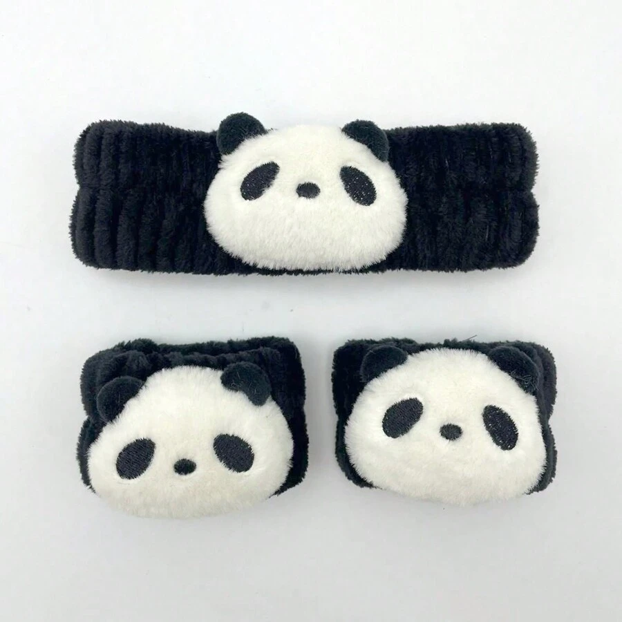 3入組簡約卡通黑色熊貓主題頭帶、手帶和髮圈 - 彩色 - 查看 1