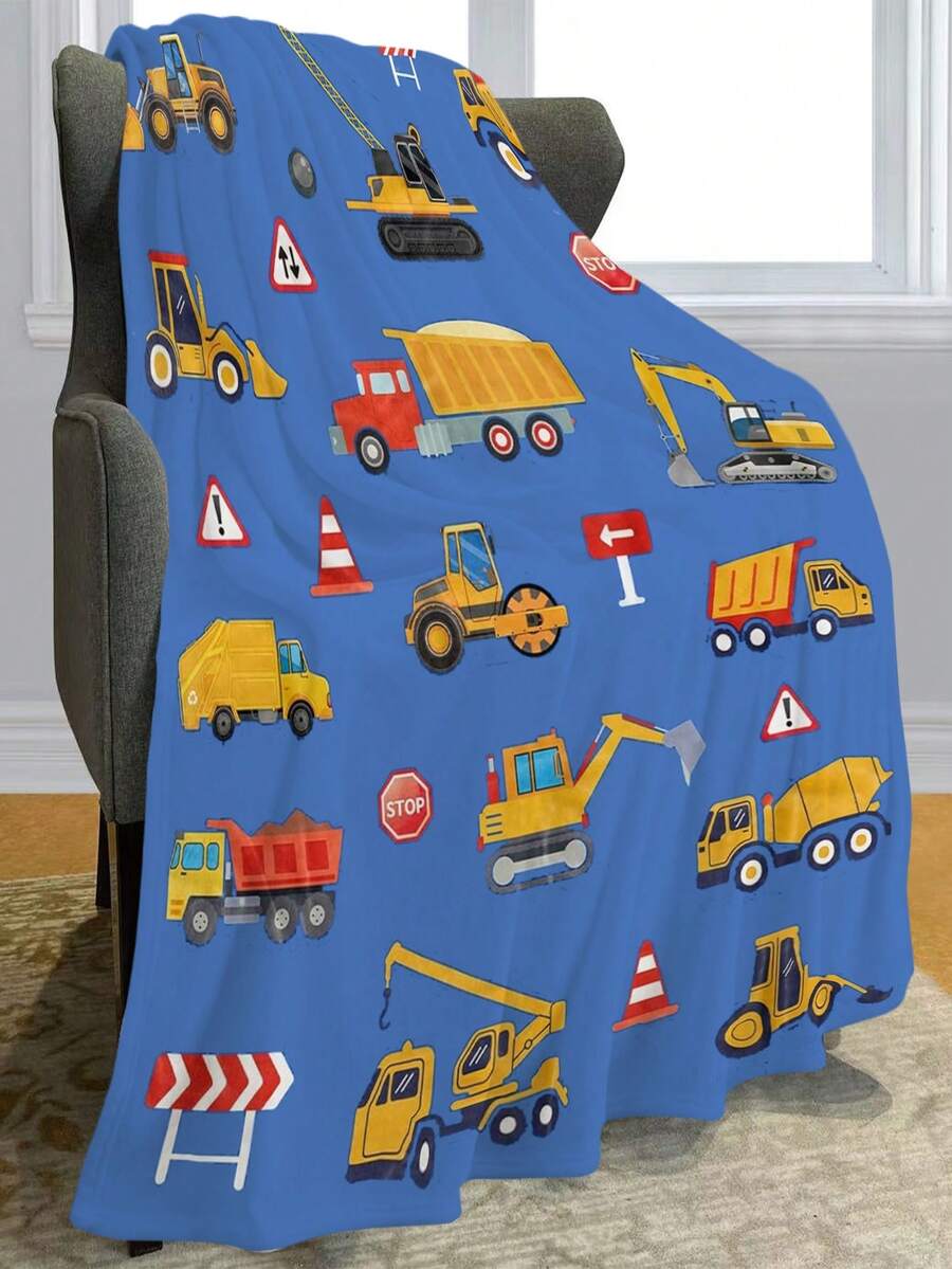 1入組個性化法蘭絨斜紋棉毛巾主題嬰兒毯,配有挖掘機和卡車,非常適合幼兒男孩擁抱、玩耍和午睡使用