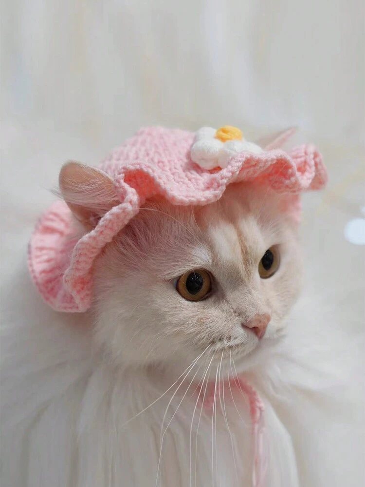 Pet Cat Knitted Hat And Headdress Pink 1 Piece | SHEIN