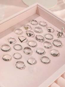 25pcs Bohemian Punk Style Sun Snake Tree Leaf Multielement Fashion Ring Set, Suitable For Women's Daily Wear - Silver - View 5