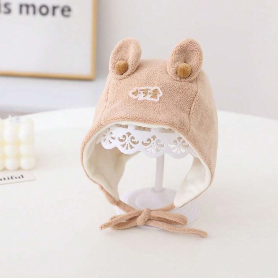 1pc Cute Rabbit Ear Baby Beanie Hat With Earflaps, Autumn And Winter - Khaki - View 1