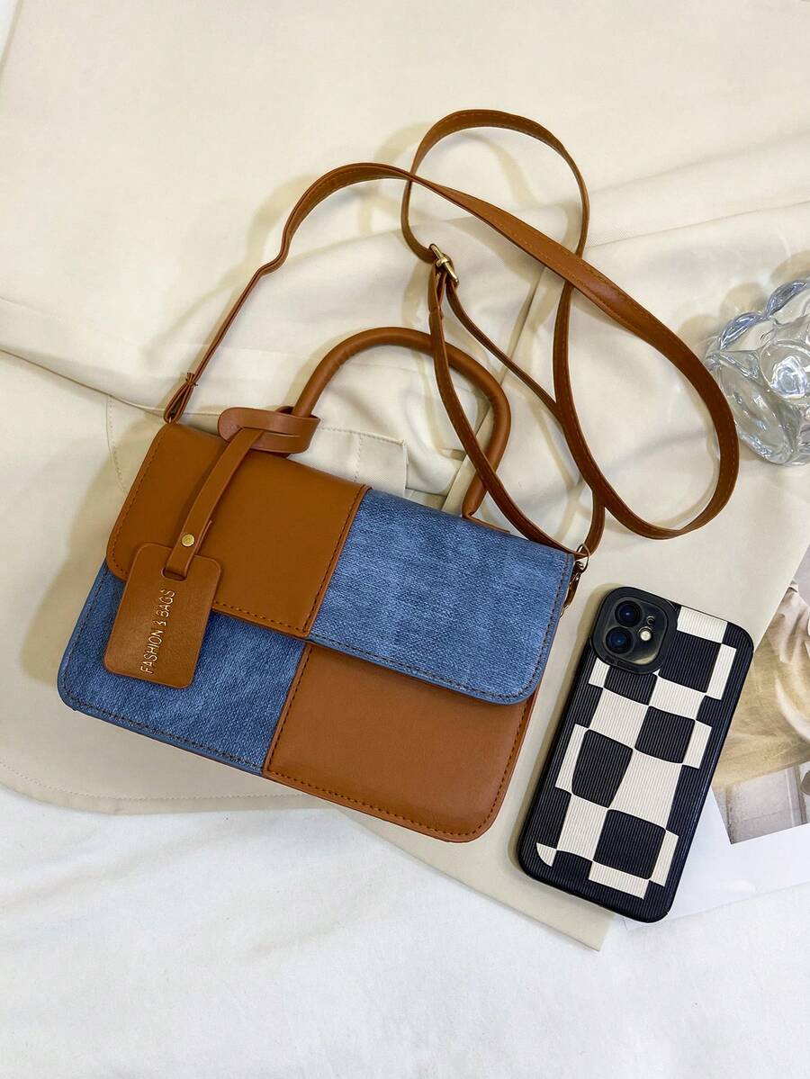 1件流行的拼接紋理手提包,通勤風格肩背袋,斜挎包,小方包 - 棕色 - 查看 1