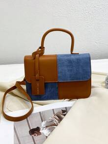 1件流行的拼接紋理手提包,通勤風格肩背袋,斜挎包,小方包 - 棕色 - 查看 4