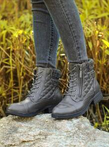 Women's Combat Boots Lace Up Ankle Booties - Grey - View 1