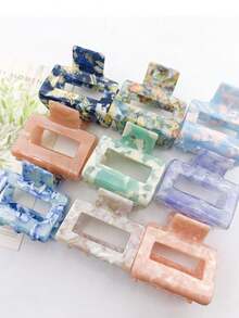 1件復古風格醋酸纖維製髮卡,帶有粉色正方形空心設計和印花圖案,適合日常佩戴 - 藕粉色 - 查看 5