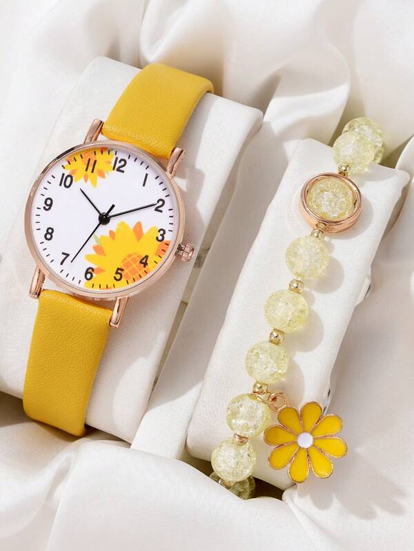 قطعتان من ساعة كوارتز بسوار من البولي يوريثان بسوار عباد الشمس الأصفر للنساء، كاجوال بمينا دائري، مجموعة أساور مطرزة مناسبة للارتداء اليومي والديكور