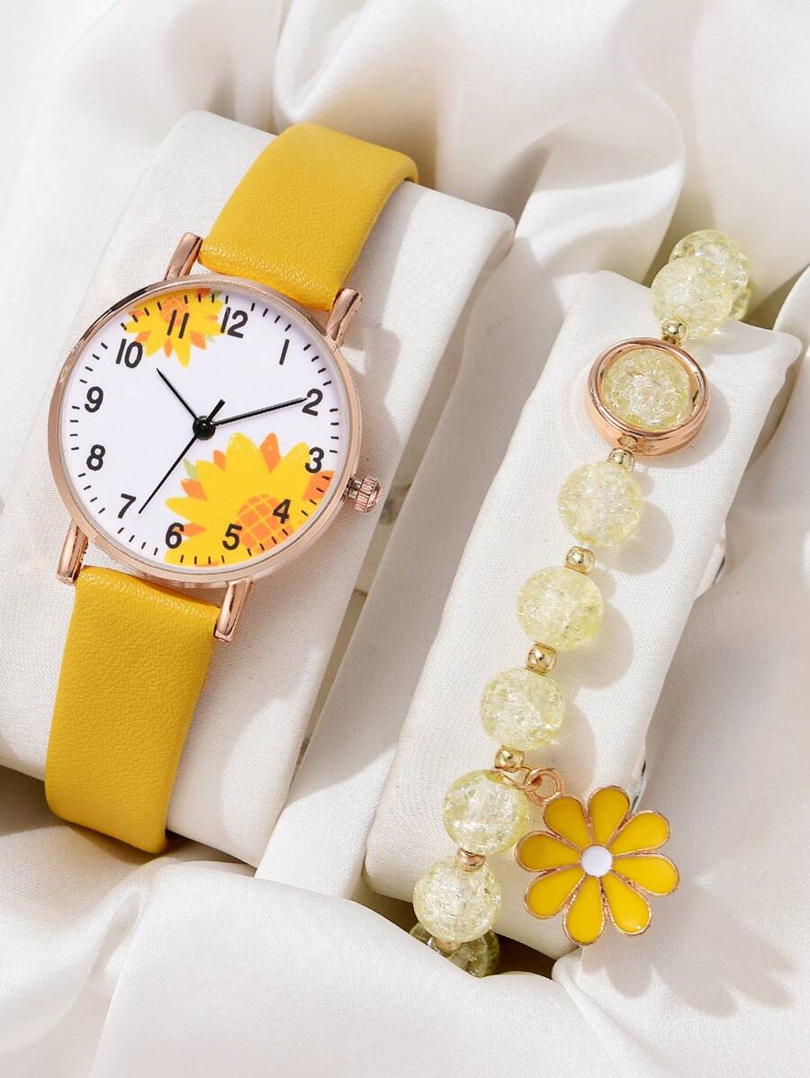 2 件裝女式黃色向日葵 Pu 錶帶時尚休閒圓形錶盤石英手錶和串珠手鍊套裝適合日常佩戴和裝飾 - 黃色 - 查看 1