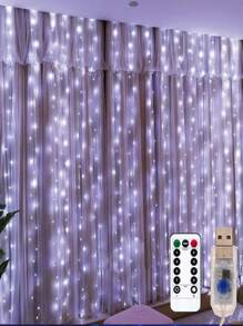 1 件窗帘灯，带挂钩的音乐 LED 灯光秀，房间装饰灯，白色、温暖、多彩、USB 供电、可调光、遥控、8 种模式、3m * 3m-300 灯、2m * 3m-200 灯，多种尺寸可供选择 - 彩色 - 查看 6