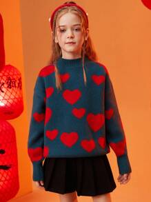 少女時尚心形印花針織毛衣,適用於秋冬休閒穿著 - 彩色 - 查看 8