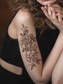 1pc Black Flower & Crown Pattern Temporary Tattoo Sticker For Arm, Chest, Abdomen, Back, Etc. - Black - View 3