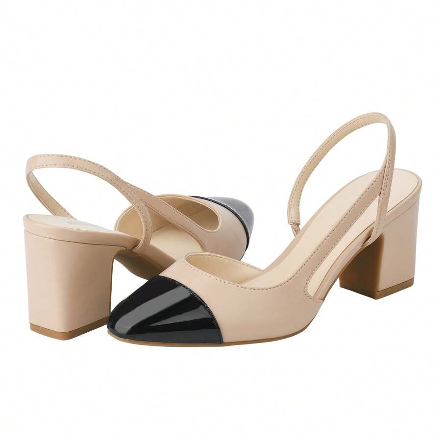 JENN ARDOR Women's Slingback Low Heels Block Heel Pumps Closed Toe Ankle Strap Splicing Color Chunky Heels Work Event Wedding Shoes 2.5 Inch - NUde - View 1