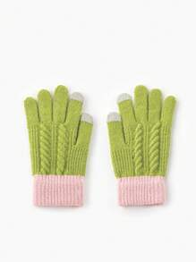 1pair Ladies' Simple Style Color Block Warm Gloves, Suitable For Autumn And Winter Outdoor Activities - Green - View 1