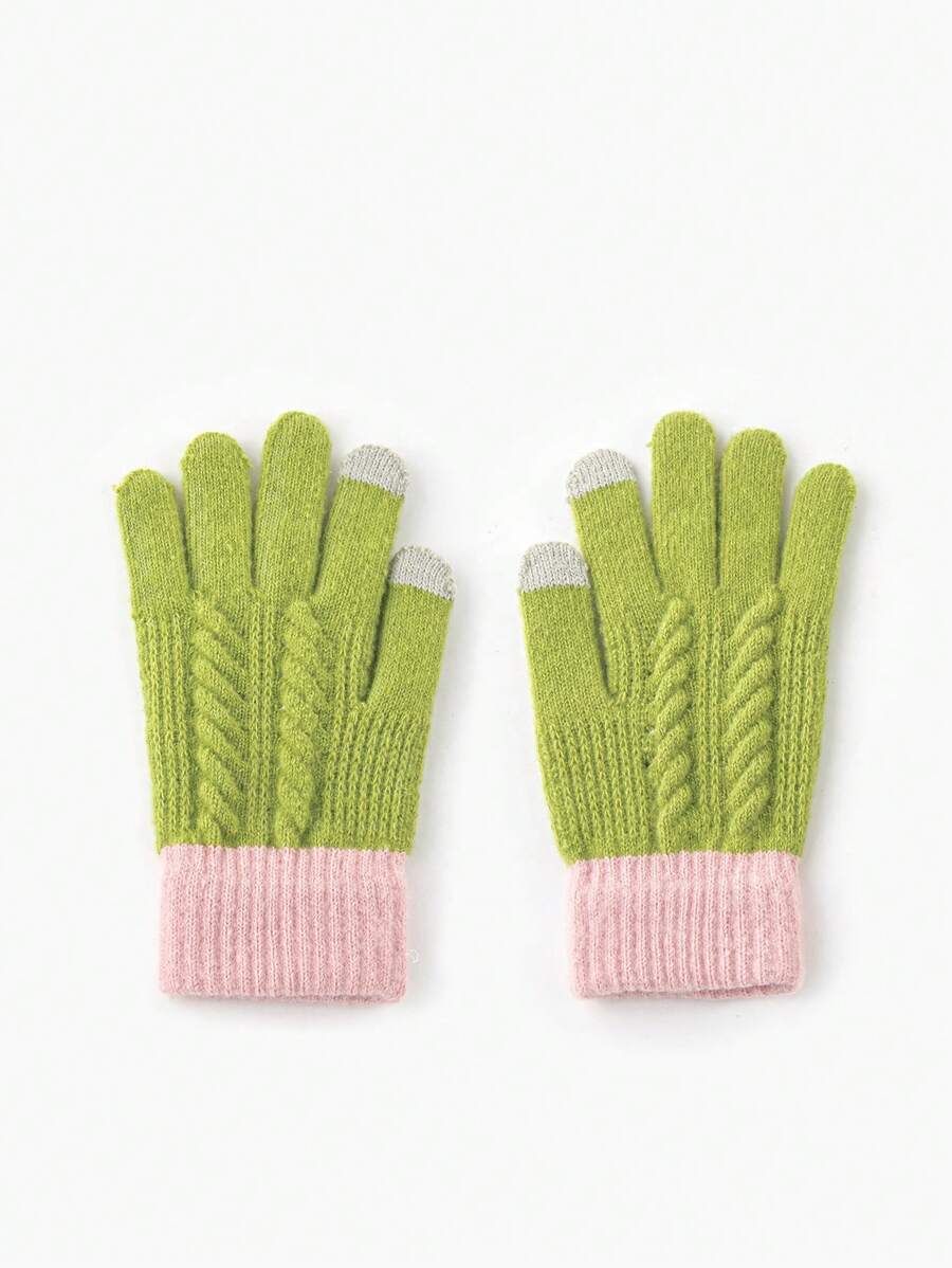 1pair Ladies' Simple Style Color Block Warm Gloves, Suitable For Autumn And Winter Outdoor Activities - Green - View 1
