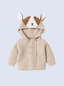 Baby Cartoon Pattern Double Breasted 3D Ear Design Hooded Cardigan - Apricot - View 2