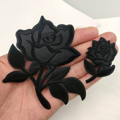 2pcs Women's Black Embroidered Flower Cloth Patch Set, Iron-On Applique Patches For Clothes, Jacket, Pants, Home Textiles Diy Decoration & Repair Valentine's Day Summer, School