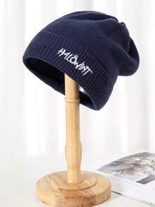 1pc Ladies' Solid Color Sweet And Elegant Style Fashionable Knitted Hat With Embroidered Letter Design For Autumn And Winter - Navy Blue - View 3