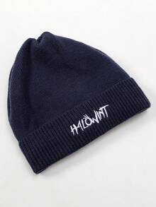 1pc Ladies' Solid Color Sweet And Elegant Style Fashionable Knitted Hat With Embroidered Letter Design For Autumn And Winter - Navy Blue - View 2