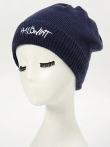 1pc Ladies' Solid Color Sweet And Elegant Style Fashionable Knitted Hat With Embroidered Letter Design For Autumn And Winter - Navy Blue - View 1