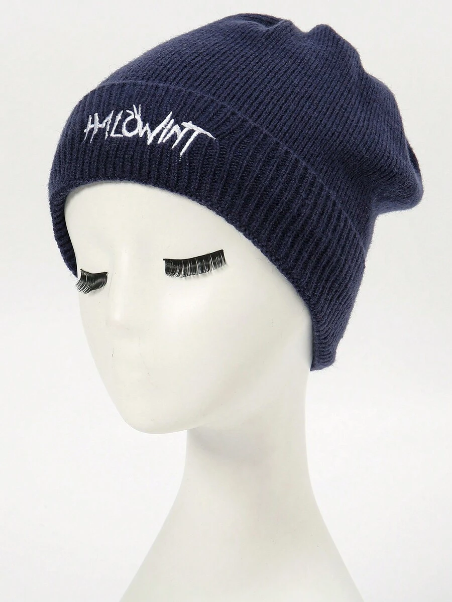 1pc Ladies' Solid Color Sweet And Elegant Style Fashionable Knitted Hat With Embroidered Letter Design For Autumn And Winter - Navy Blue - View 1