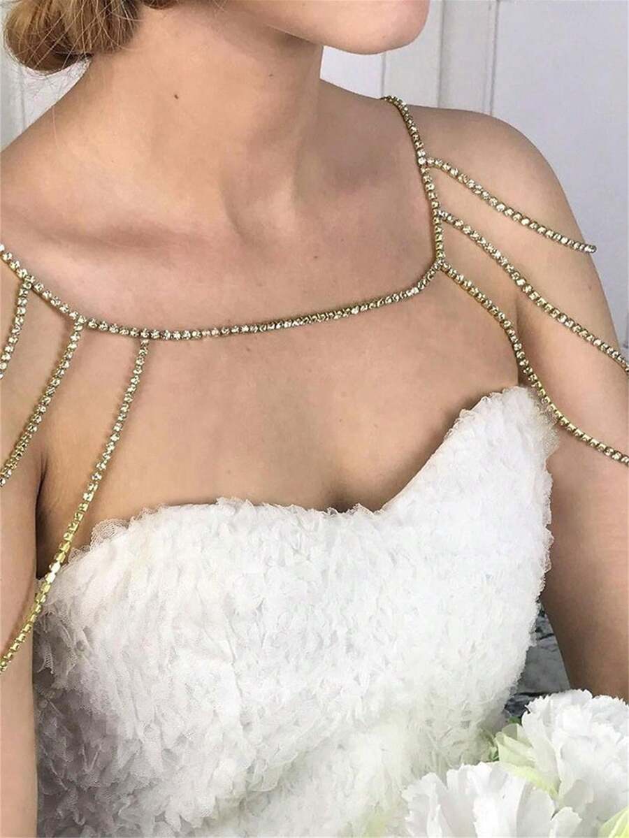 Luxury Shiny Rhinestone Shoulder Chain, Bridal Wedding Body Chain Jewelry - Gold - View 1