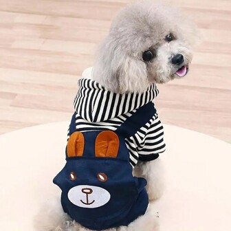 1pc Autumn And Winter Warm Embroidered Bear Striped Hooded Sweatshirt For Pomeranian, Bichon, Shih Tzu, Corgi, Cat Or Other Small & Medium Dogs Apparel