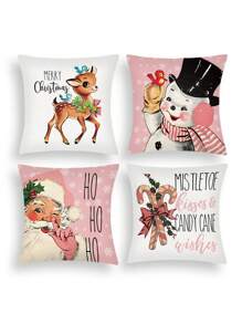 4入組聖誕老人、雪人、麋鹿、粉紅色印花枕套套,適用於聖誕節家庭裝飾 - 粉紅聖誕-4pcs - 查看 1