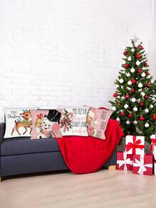4入組聖誕老人、雪人、麋鹿、粉紅色印花枕套套,適用於聖誕節家庭裝飾 - 粉紅聖誕-4pcs - 查看 3