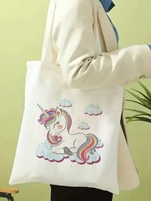 1個卡通粉色獨角獸雲印花禮物手提袋,節日禮品手提袋,附有錢包的可重複使用的購物袋,購物旅遊工作可重複使用的便攜式手提袋,派對用品,假日用品 - 白色 - 查看 1