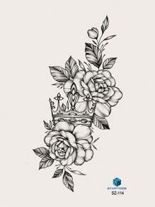 1pc Black Flower & Crown Pattern Temporary Tattoo Sticker For Arm, Chest, Abdomen, Back, Etc. - Black - View 2