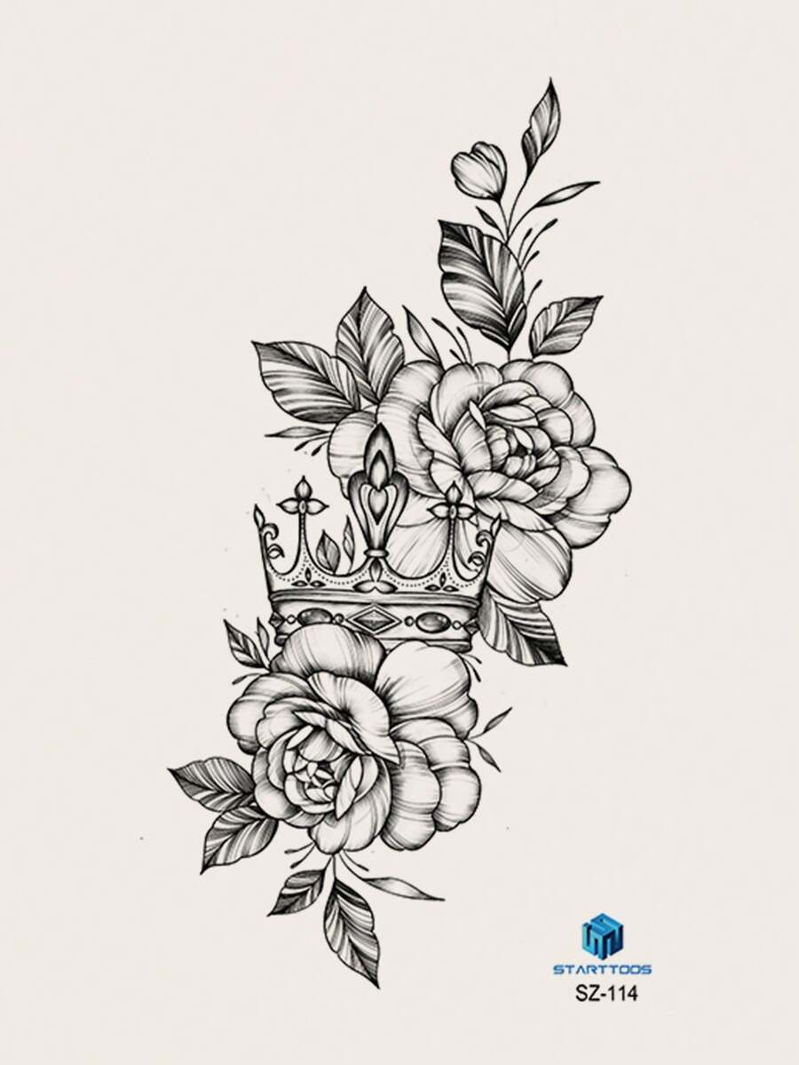 1pc Black Flower & Crown Pattern Temporary Tattoo Sticker For Arm, Chest, Abdomen, Back, Etc.