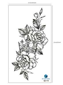 1pc Black Flower & Crown Pattern Temporary Tattoo Sticker For Arm, Chest, Abdomen, Back, Etc. - Black - View 8
